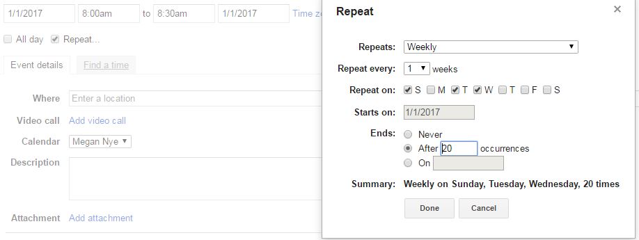 Google Calendar recurring appointment