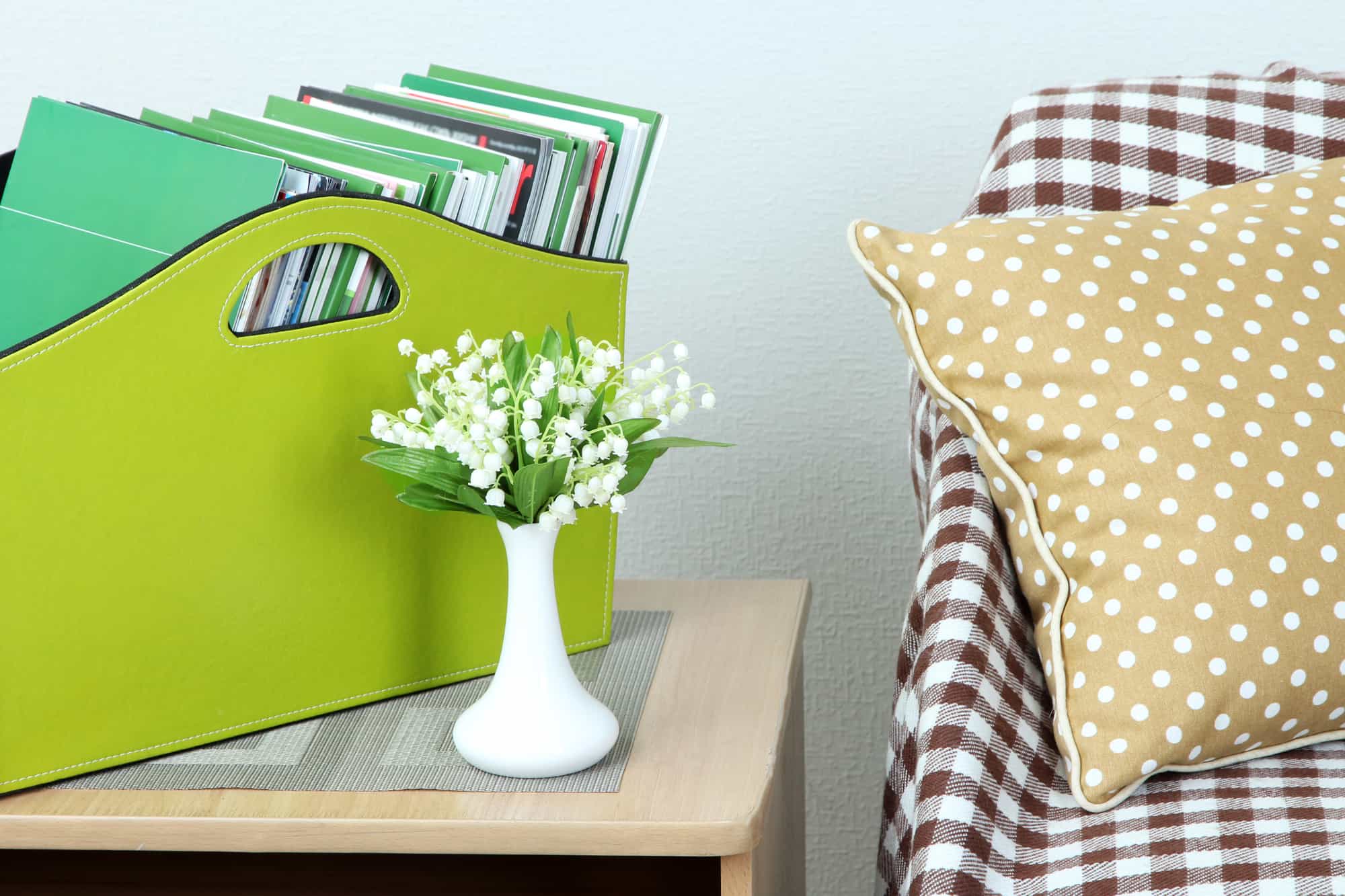 Magazines and folders in green box on bedside table in room