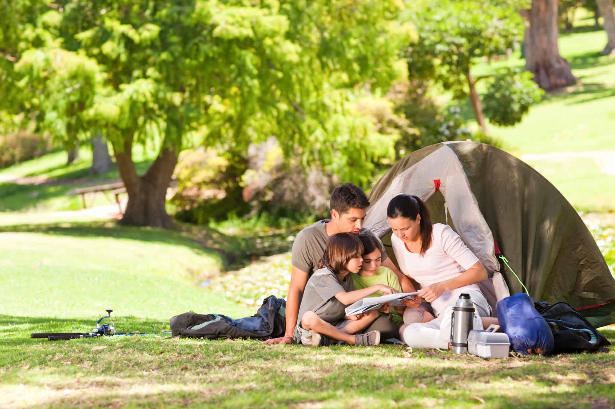 family camping with a tent