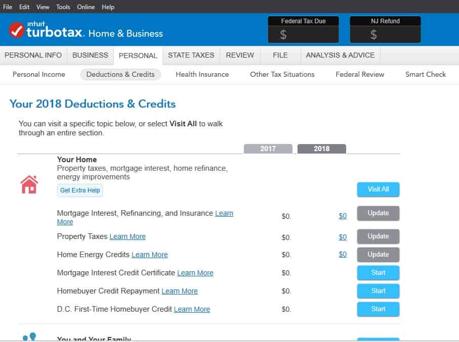 TurboTax 2018 Deductions and Credits Screenshot