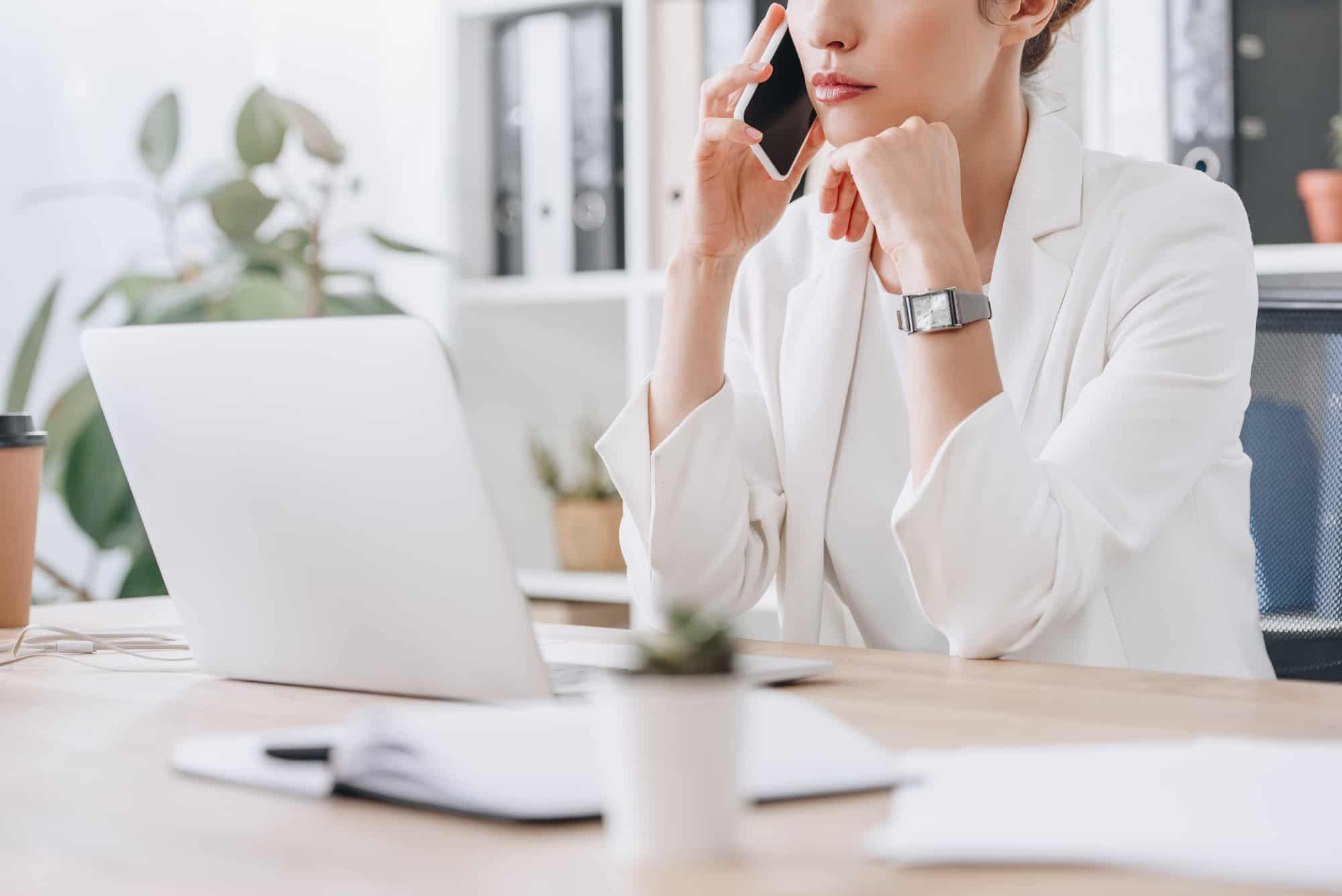 Businesswoman Working Smartphone Laptop Workplace