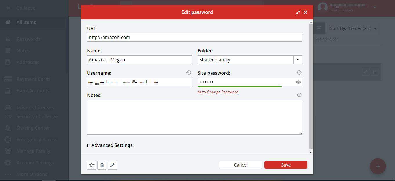 LastPass Edit Password Dialogue Box