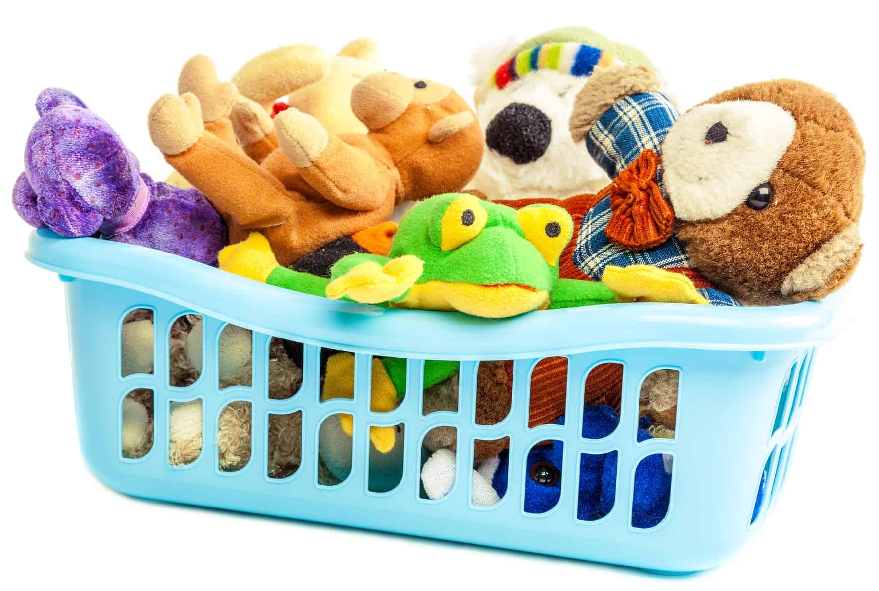 stuffed animals in laundry basket